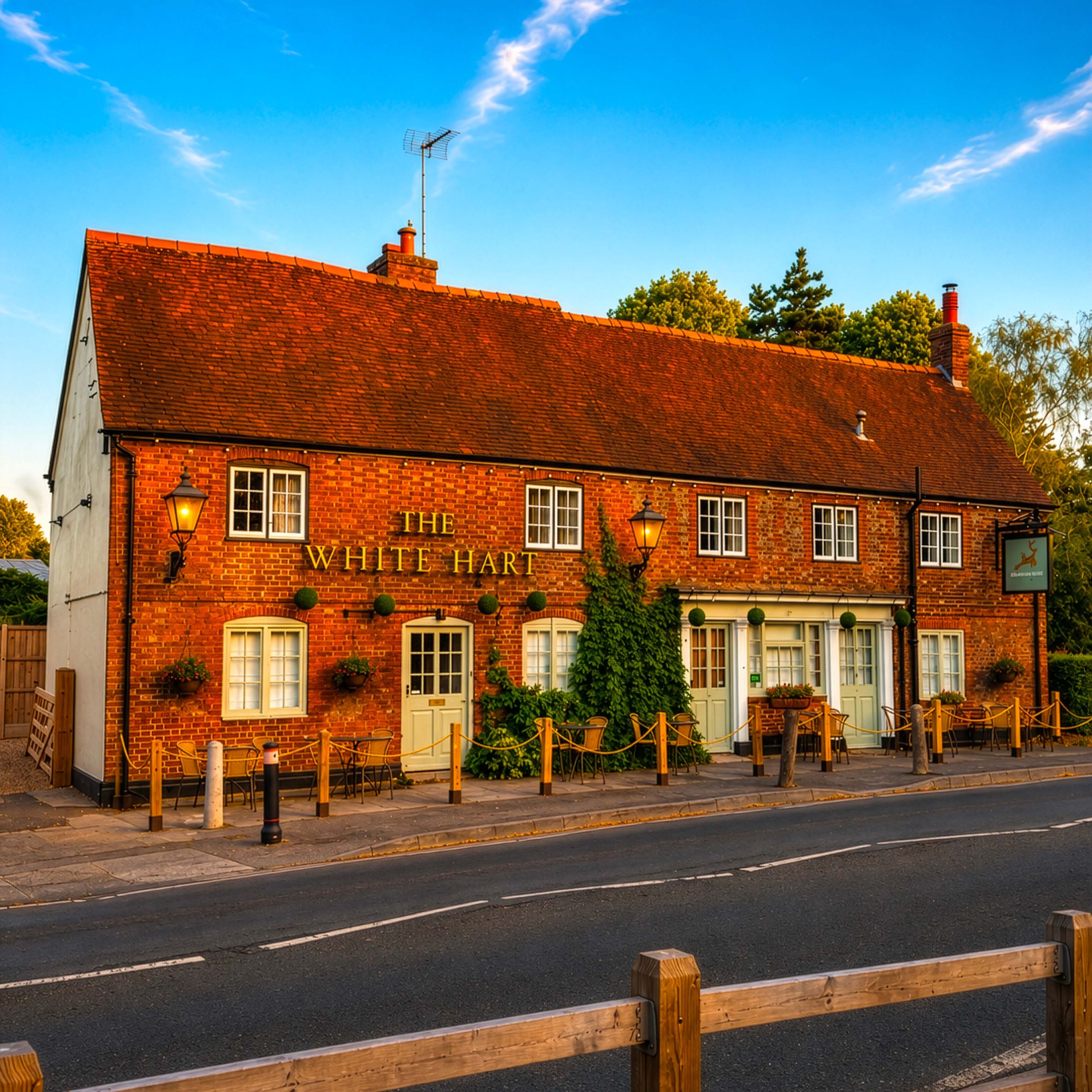 Sunlit exterior of The White Hart Longham, a red brick pub with outdoor seating